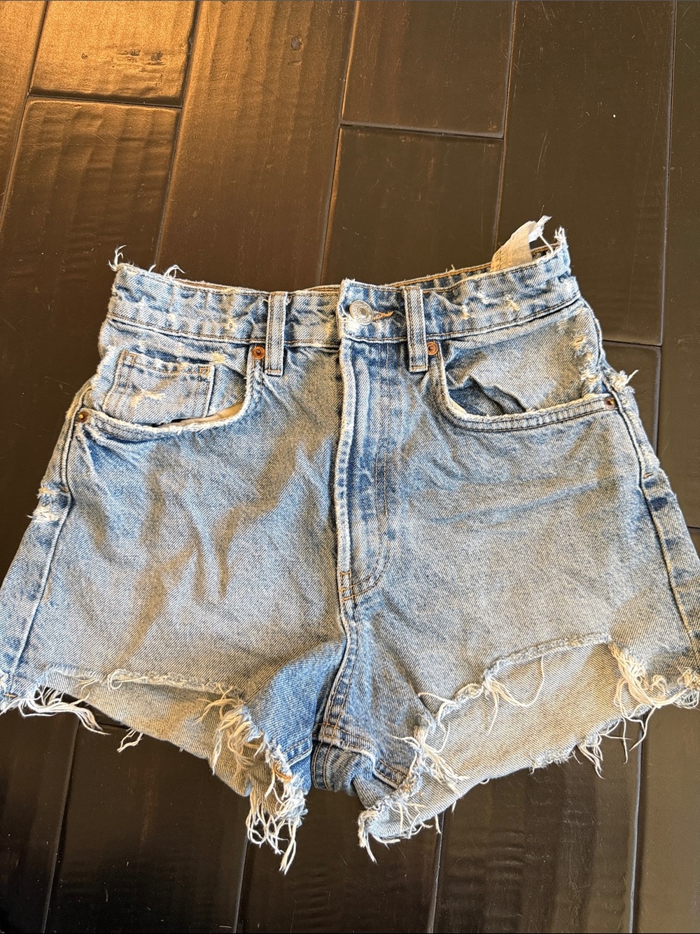 Zara Light Blue High-Rise Distressed Denim Shorts